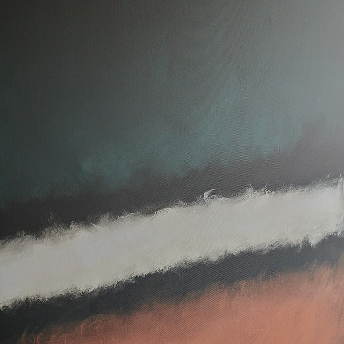 A closeup of the Helia Abstract Print, a dramatic print of coral, inky blue and white tones on a black background.