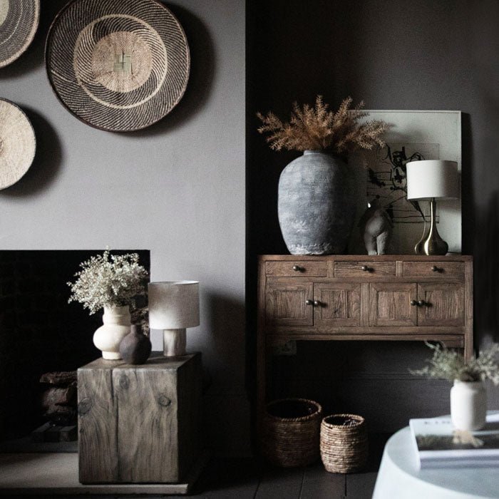 Cleveland console table reclaimed oak warm brown storage modern entryway Abigail Ahern styled vase