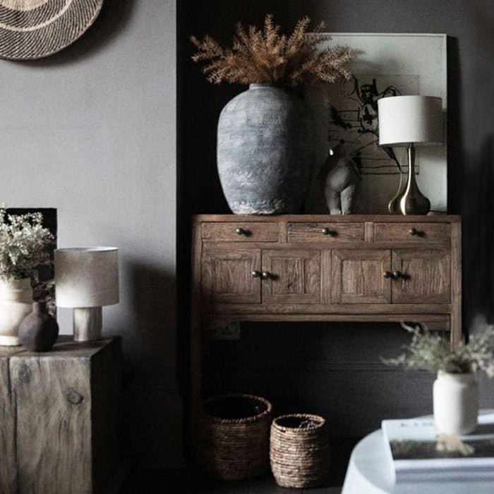 Cleveland console table reclaimed oak warm brown drawers storage modern entryway furniture natural