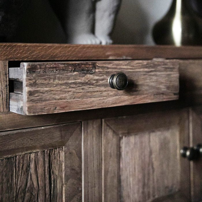 Cleveland console table drawer closeup reclaimed oak warm brown storage modern furniture detail