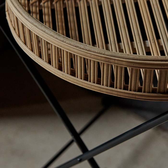 A closeup of the Rosia Bamboo Side Table showing the slatted bamboo detail of the tray.