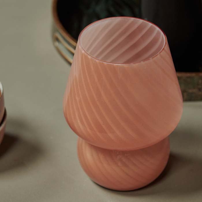 Mushroom shaped glass led lamp in a coral colour