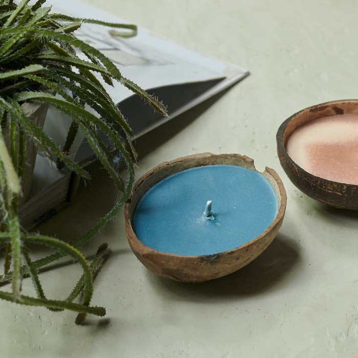 Blue scented candle placed in a coconut shell sat on a coffee table