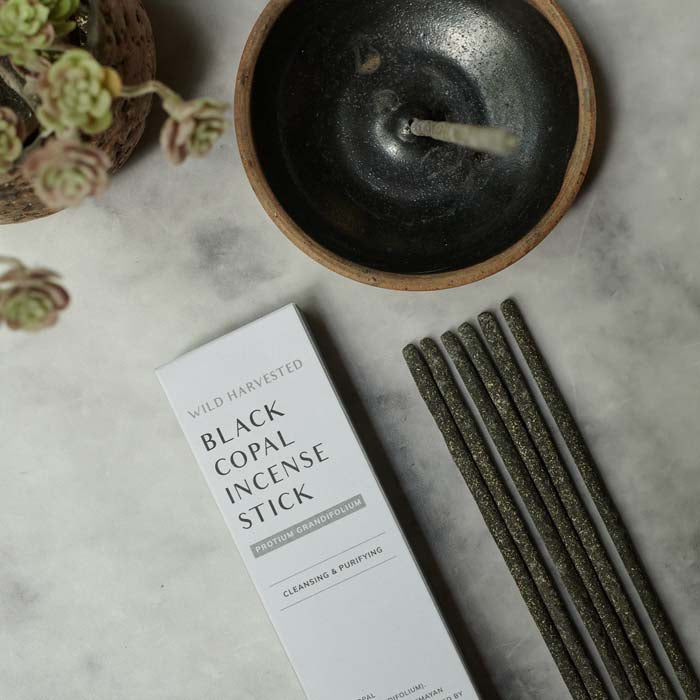 A round incense holder next to 6 incense sticks and their grey packaging