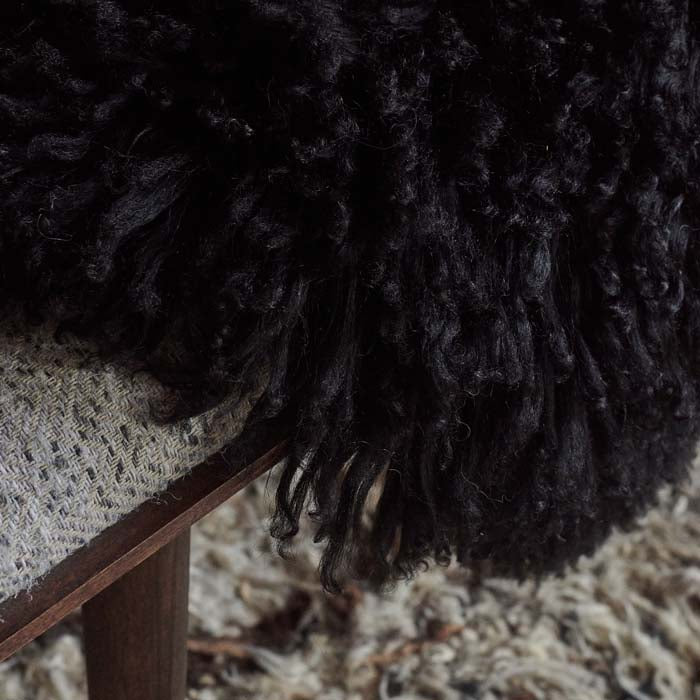 Furry texture on a small black sheepskin rug