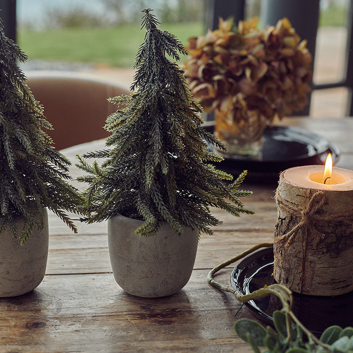 A mini decorative Christmas tree in a miniature pot.