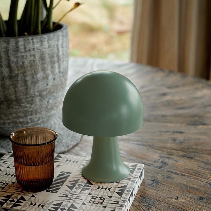 Image of a muted green mushroom shaped LED lamp next to a brown glass, sitting on a book and wooden table. All from interior designer Abigail Ahern.