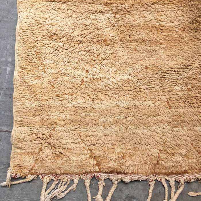 Deep pile rug in sandy tones with tassels laid on the floor.