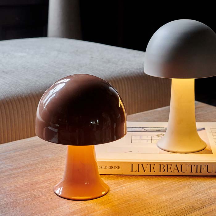 Pair of dome shaped lamps, one with a shiny finish and brown colour, and the other with a matte finish in a soft grey colour. Both have warm yellow light and are emitting a soft glow.