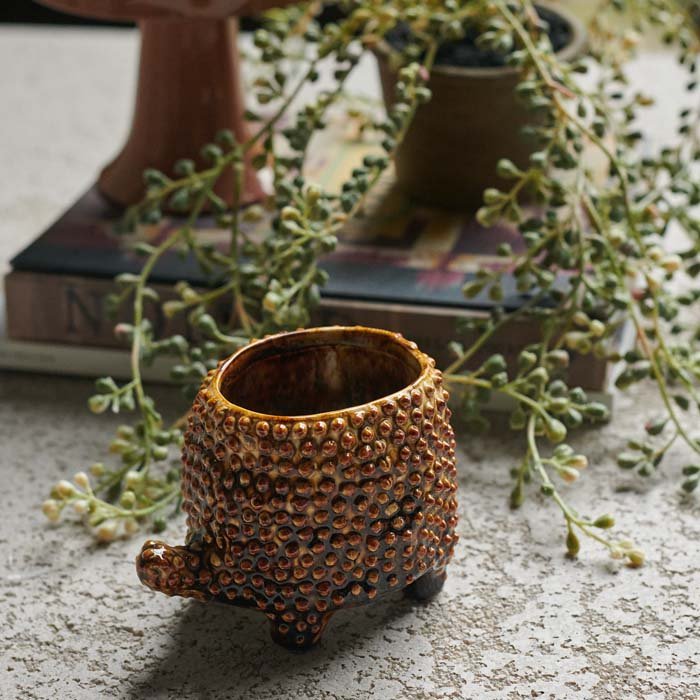 A small brown ceramic pot with s raised texture in the shape of a tortoise.