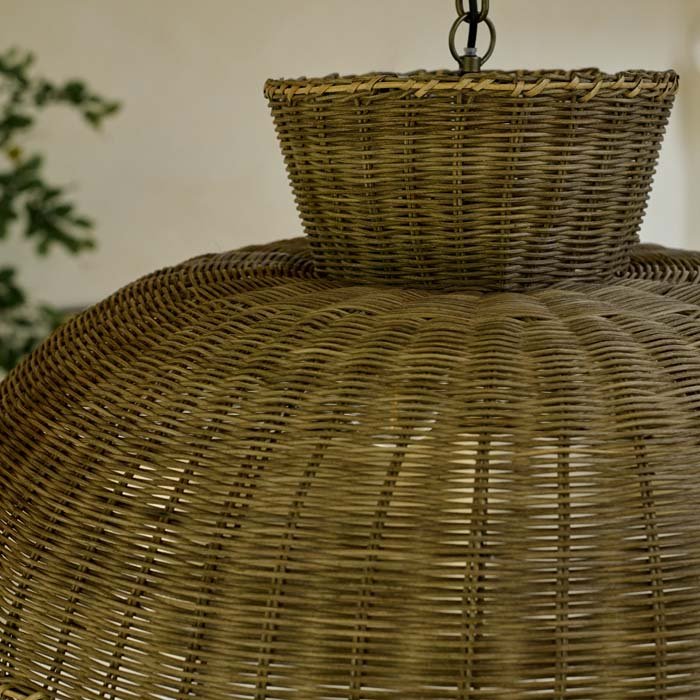 A closeup of the woven detailing on the Hesket Rattan Pendant.