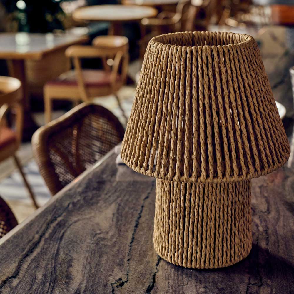 Malone Portable Table Lamp, a close-up showing the details of the jute string lamp.