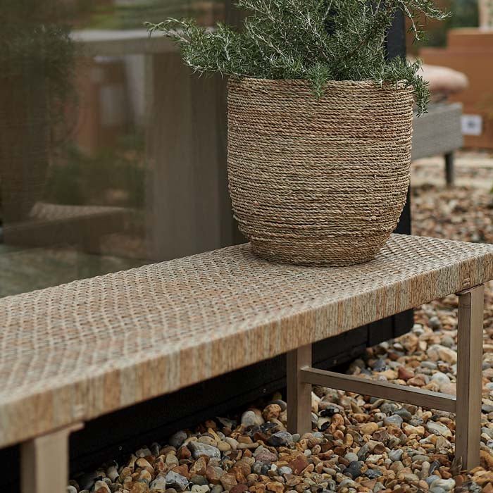 Barnaby bench rattan woven natural outdoor indoor modern furniture aluminium legs Abigail Ahern styled