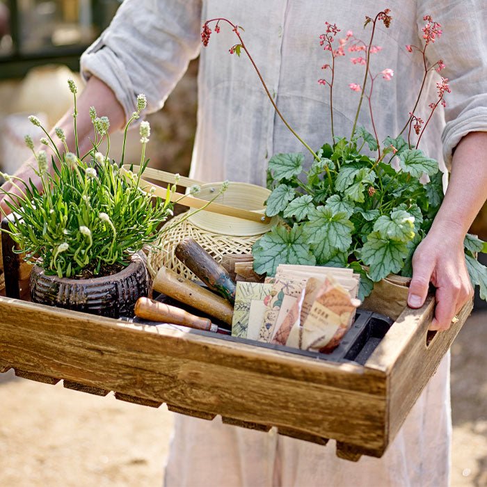 Our wooden Nandor Tray being carried outside, and filled with plants, gardening tools and a lantern.