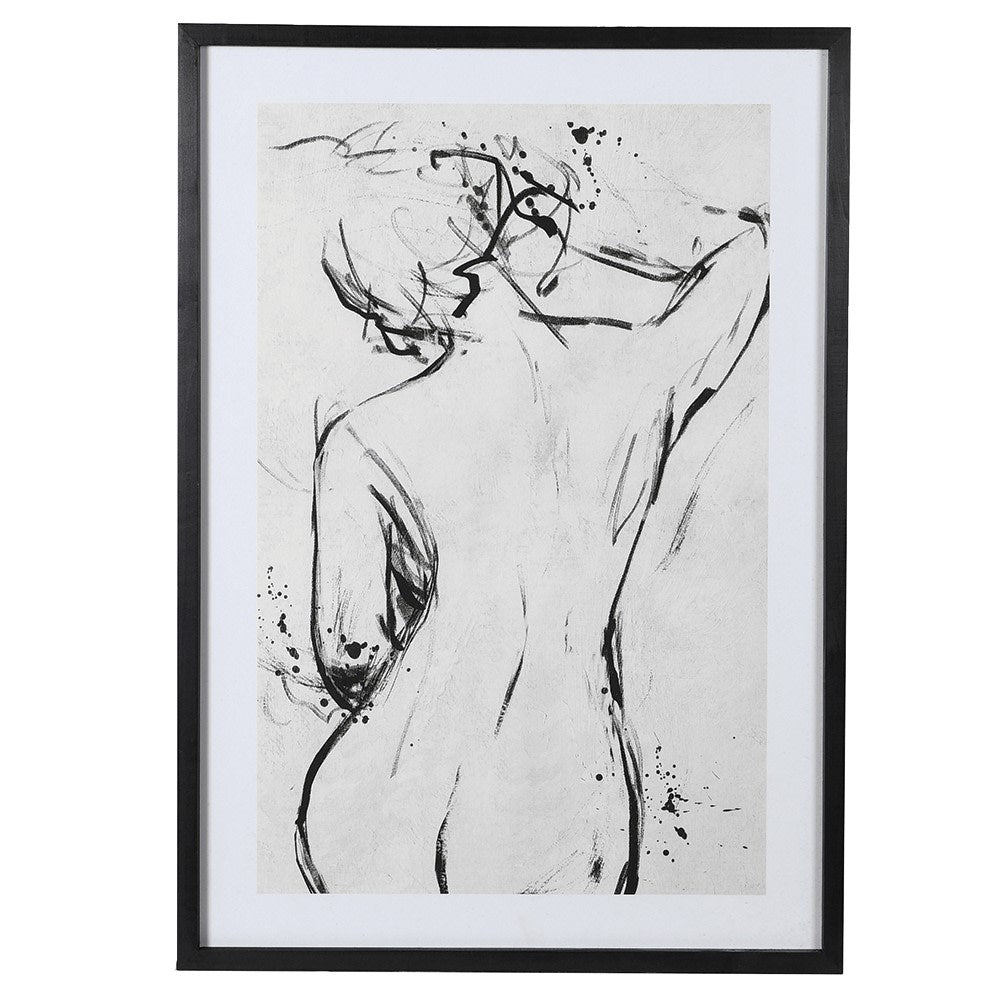The Celia Monochrome Print, a black line drawing of a nude female against a white background.