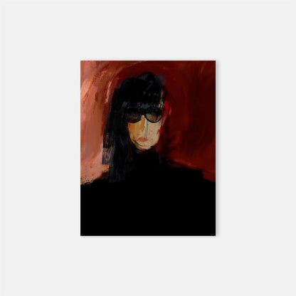 Cutout of an abstract painting of a black-haired woman wearing black clothing and sunglasses on an ombre red background. The brushstrokes have rough edges and the colours aren't perfectly blended. 