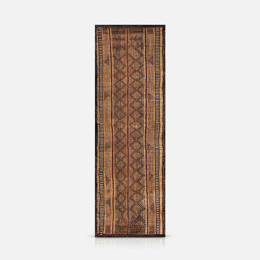 Long vinyl runner with a woven basket patterned print and dark brown edging