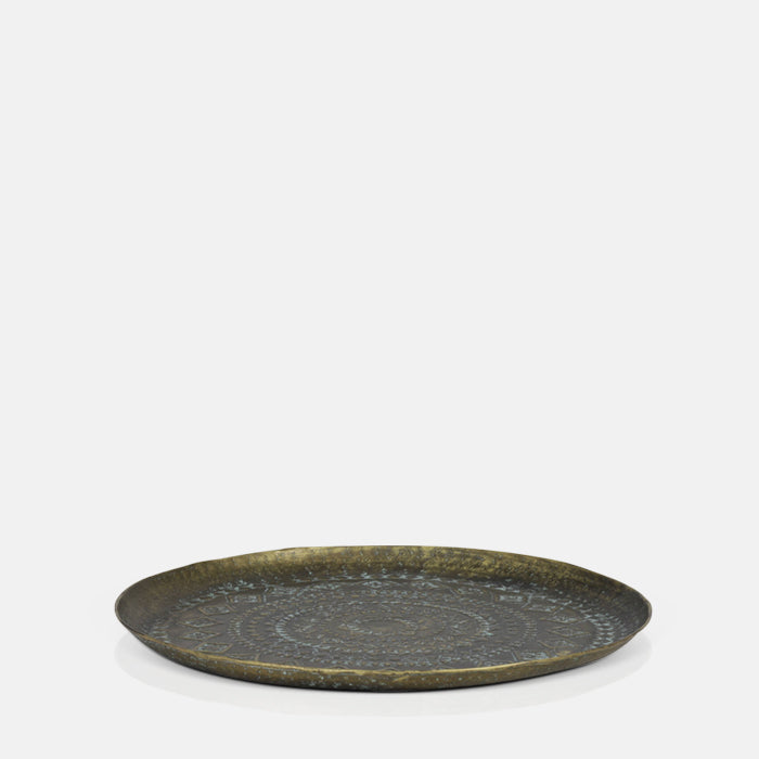 Bronze, decorative tray on a white background.