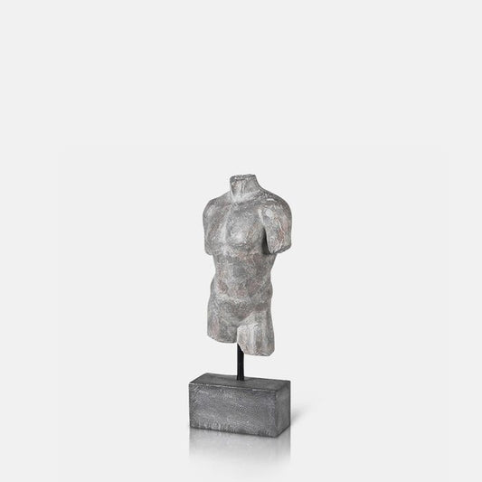 Cutout image of the grey Adonis Sculpture of a muscular male torso on a solid block stand.