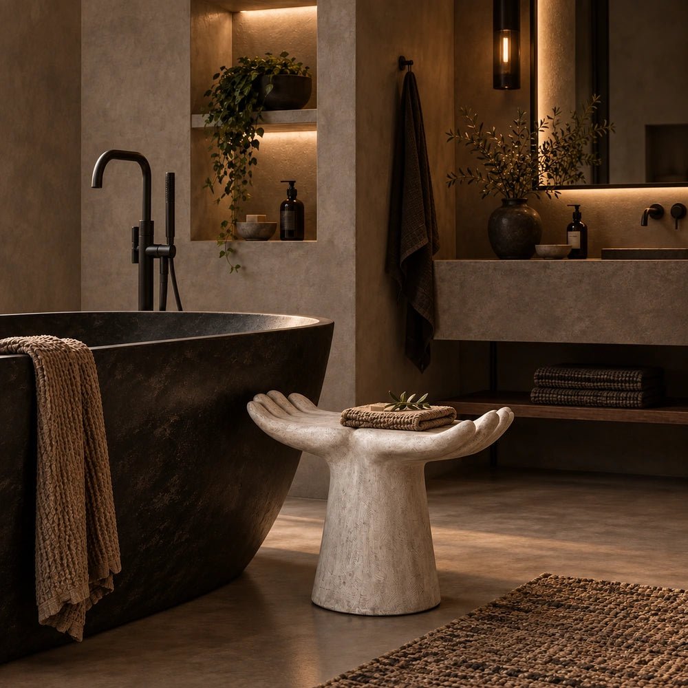 Aimee Abstract Stool with sculptural open-hand seat and pale textured finish, centered beside a dark bathtub in a softly lit contemporary bathroom.
