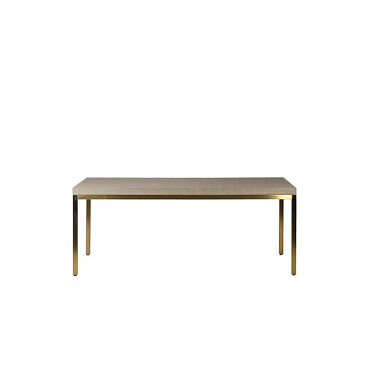 Cutout of a straight view of the rectangular Alameda Dining Table, with gold, metallic legs and a faux shagreen top.