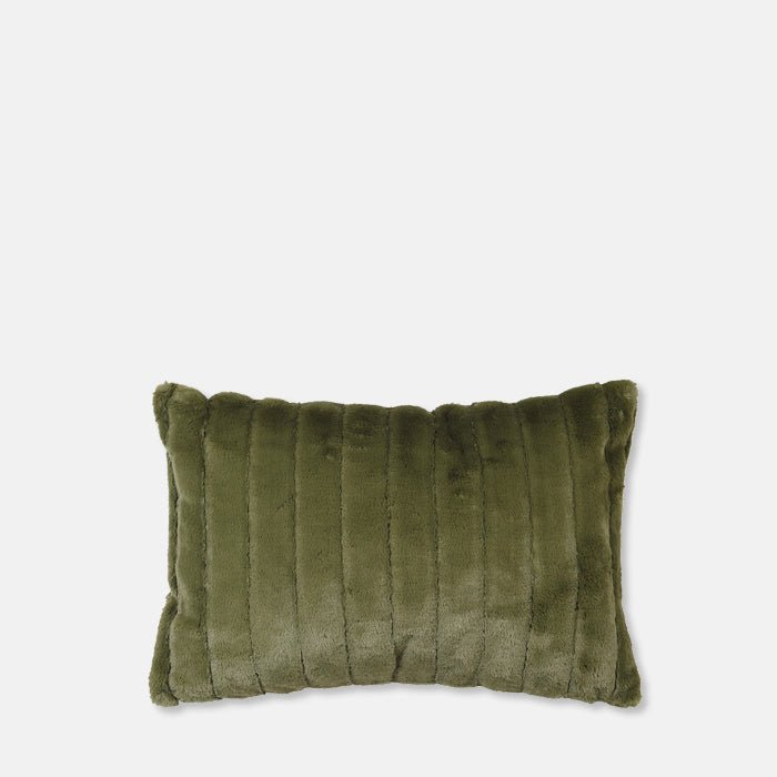 A cutout of the Alayna Faux Fur Cushion, a rectangular faux fur cushion in amossy green hue with ridged stitched detailing.