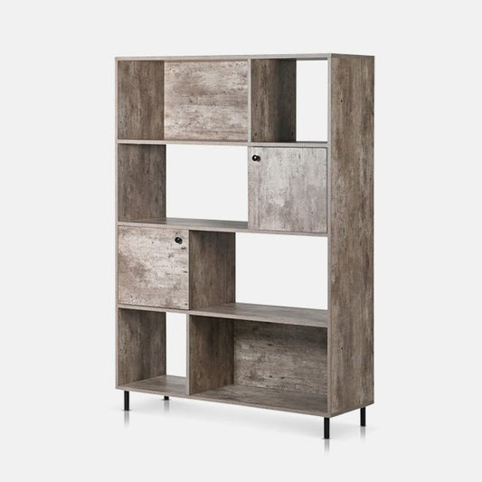Large faux-concrete shelving unit with four levels of shelves, including 2 closed cabinet sections.