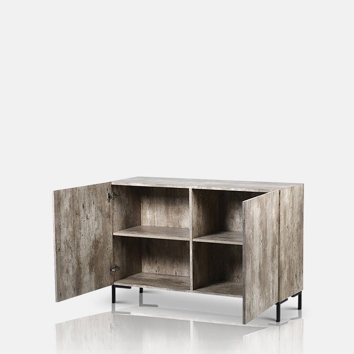 The Alberton Side Cabinet pictured with the doors open revealing four shelves. Modern console table with faux concrete finish and double doors, modern iron feet. designed for practical and stylish storage and modern interior design schemes.