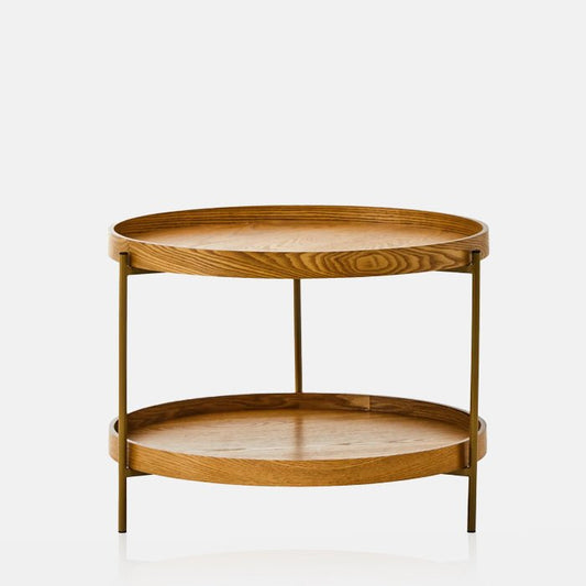 Timeless side table with round design and two tiers on three legs. Could also be a wooden bar cart.