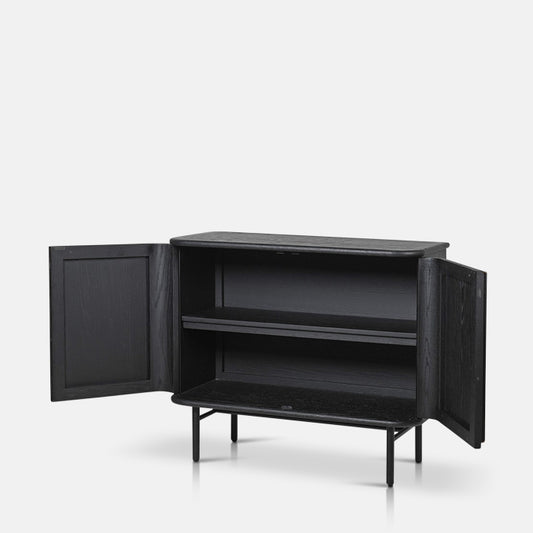 Black wooden cabinet with both its doors swung open