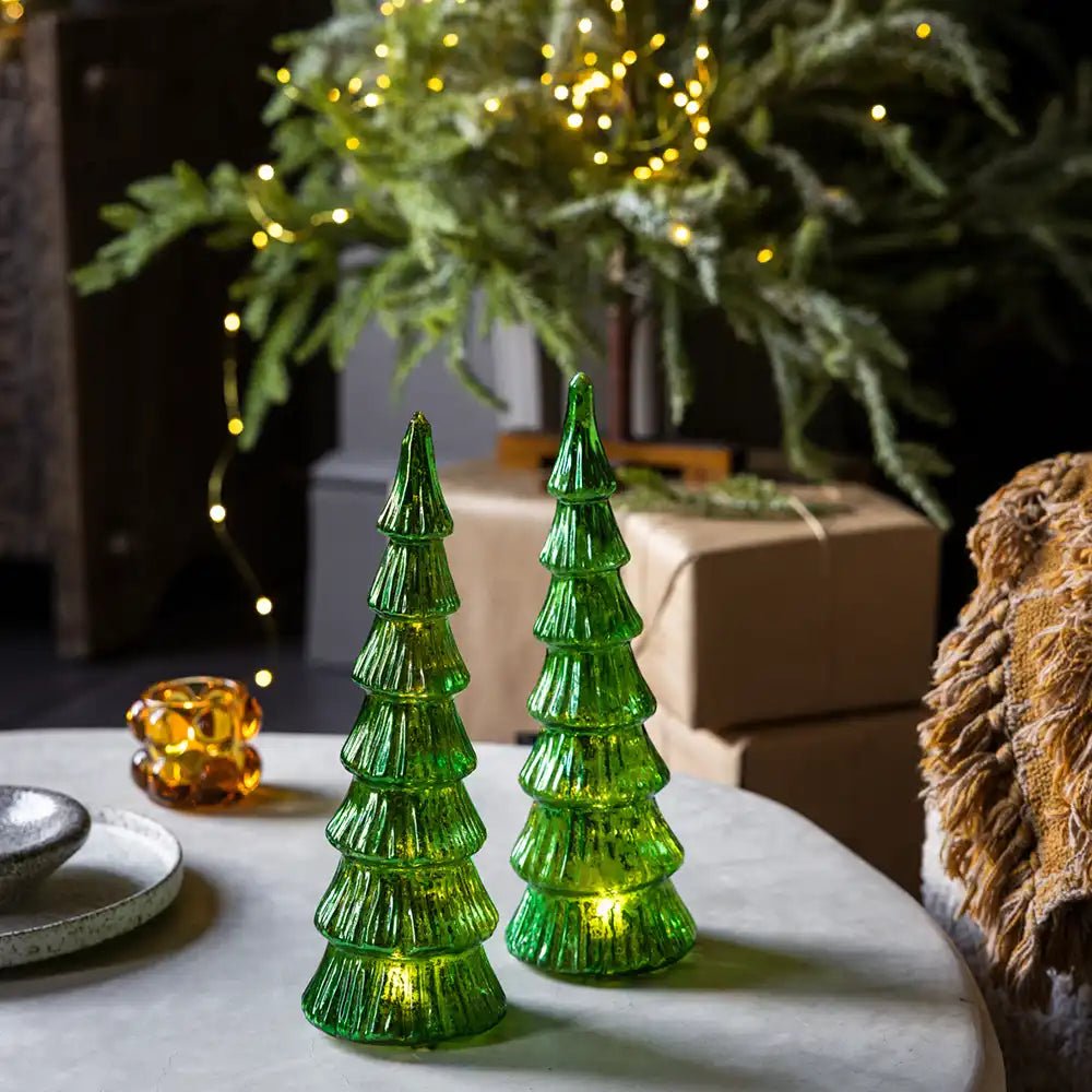 Aspen LED Lamp - Large tree-shaped portable lamp in rich green glass with warm lights.