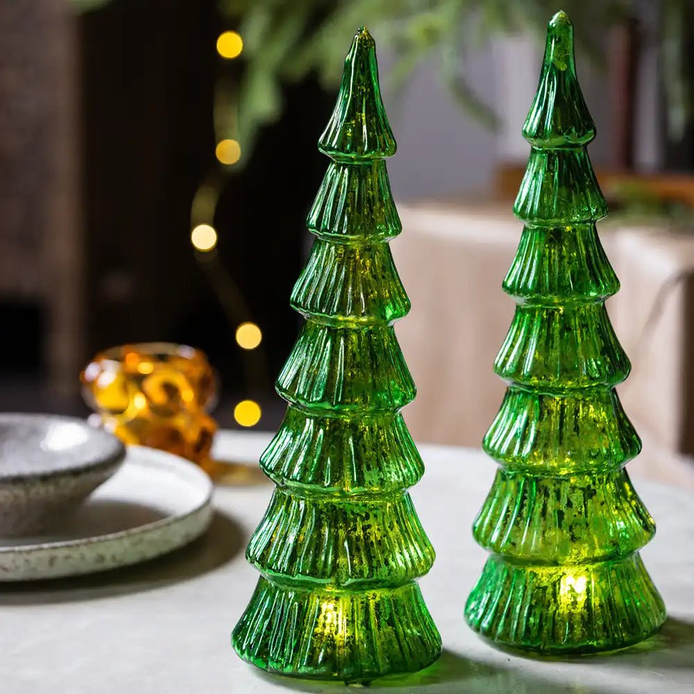 Aspen LED Lamp - Large, portable lamp in green glass, tree-shaped decor for festive seasonal styling.