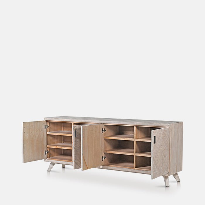 A cutout of the Astor Console Table, a sideboard with 4 doors and 12 shelves in a herringbone wooden tiled pattern.