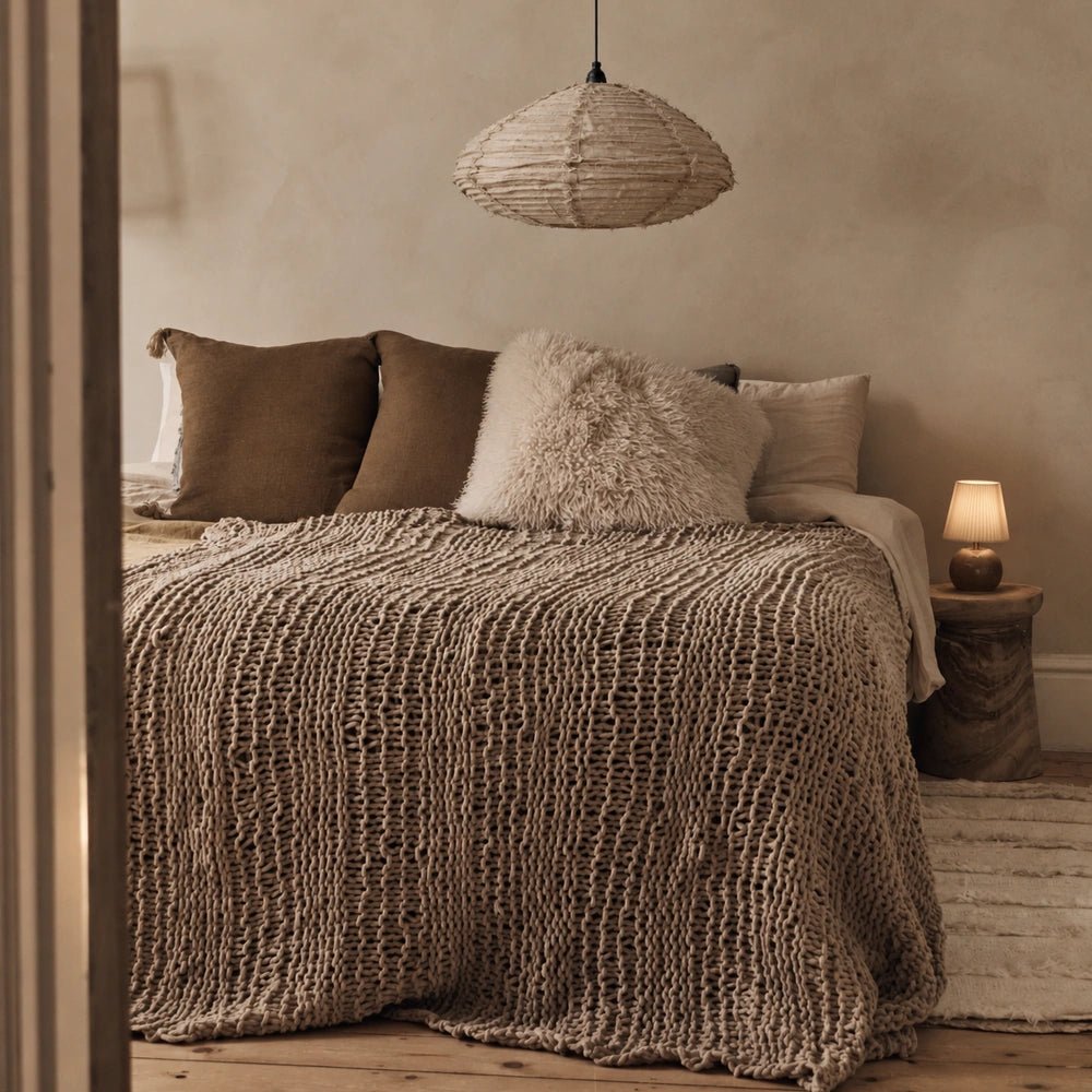 Atmore Fabric Pendant Light with textured neutral shade, suspended in a warm contemporary living room with layered furniture and natural decorative finishes.