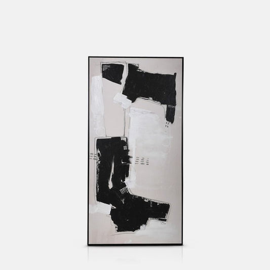  Long rectangular canvas in a thin black frame with an abstract black and white print
