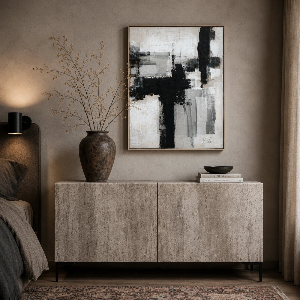 Axis Canvas Art displayed above a sideboard in a layered neutral interior, styled with ceramics, sculptural decor and warm contemporary furnishings.