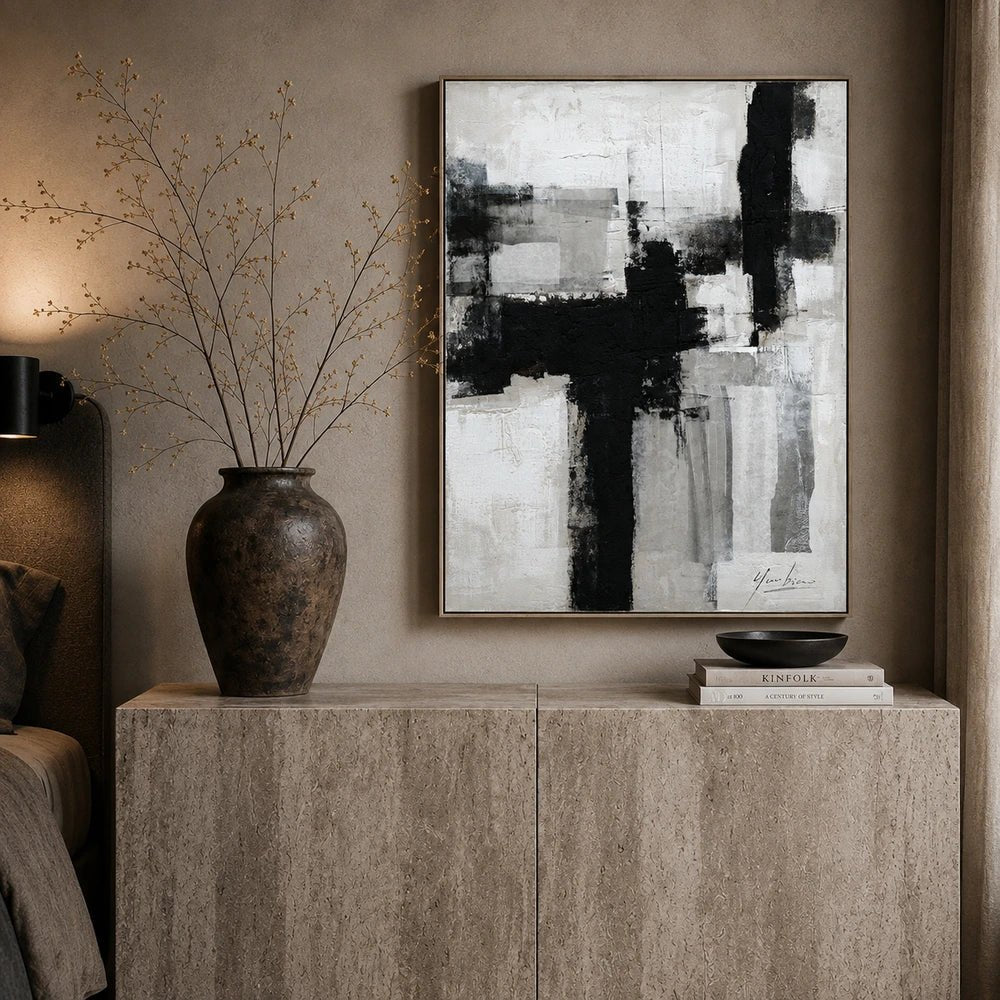 Axis Canvas Art displayed in a warm contemporary living room with neutral upholstery, layered natural textures and sculptural decorative accessories.