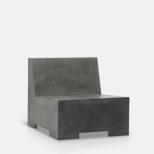 Grey concrete outdoor chair with modern angular block design.