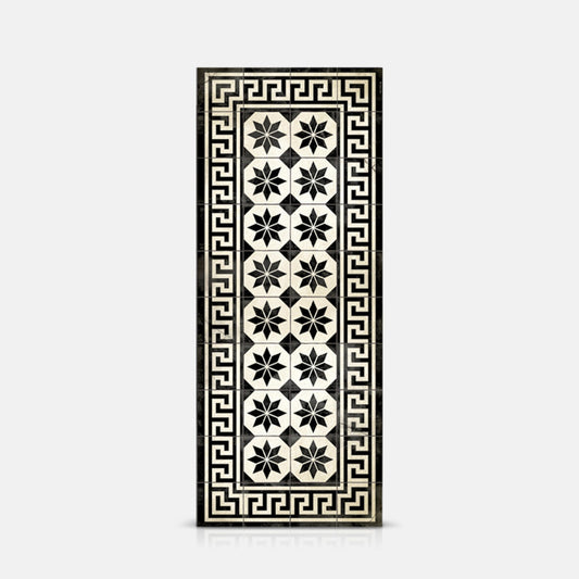 Long vinyl runner with a black and white tiled pattern