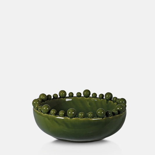 Large round ceramic bowl in green with a textured bobble rim