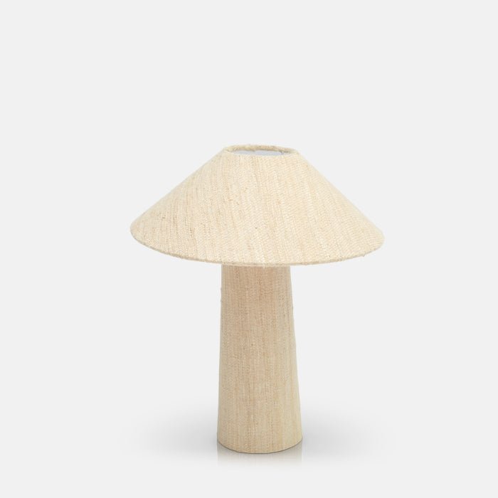 Table lamp with large cylindrical base and cone shade, covered in beige woven silk. Unique home accessories and lighting from Abigail Ahern.