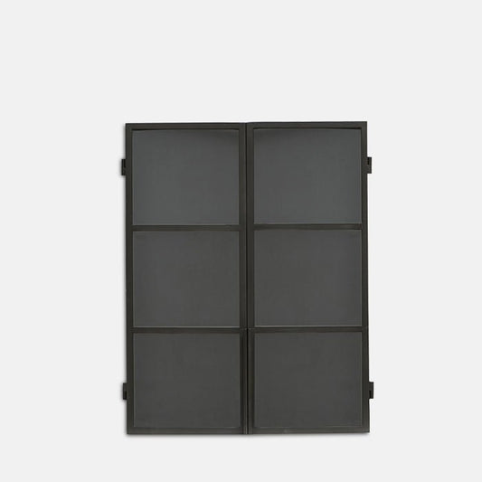 Black metal cabinet with three shelves and glass doors.