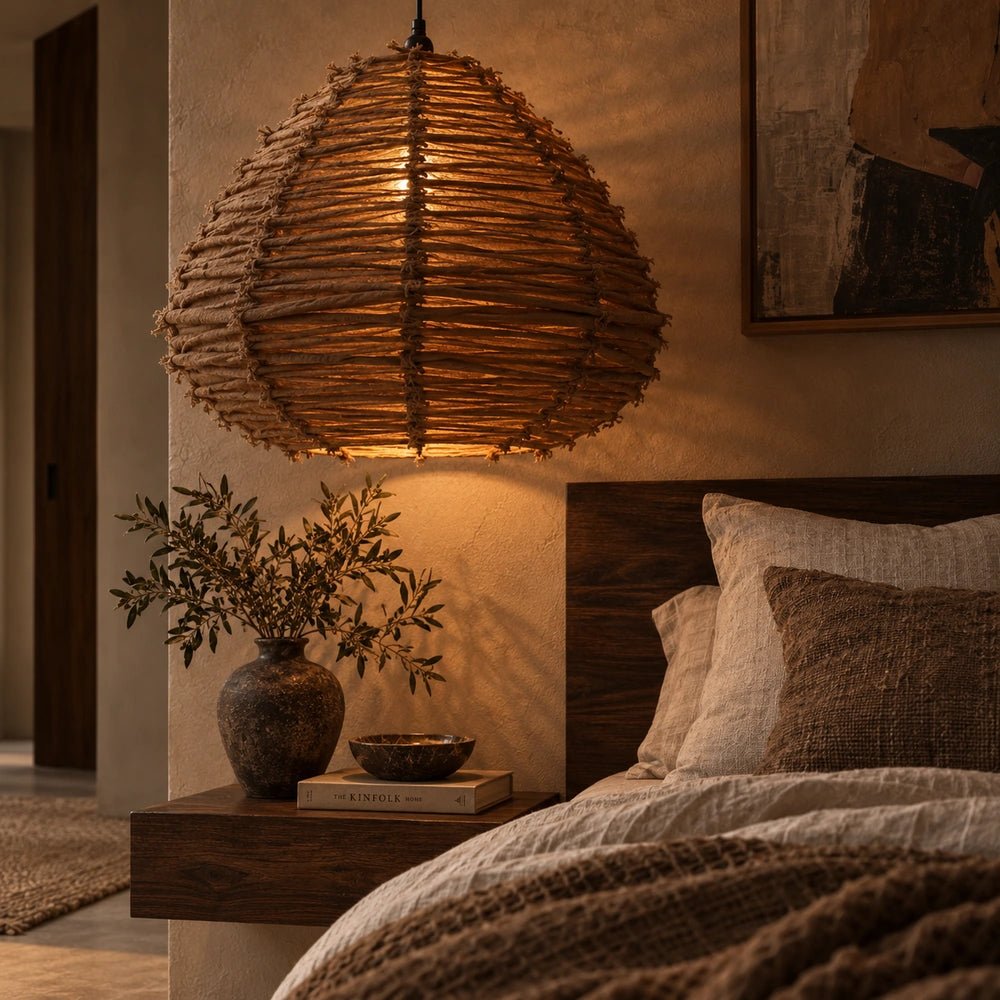 Brenta Fabric Pendant Light with softly gathered neutral fabric shade, hanging beside a bed in a warm layered bedroom with natural textures and muted furnishings.