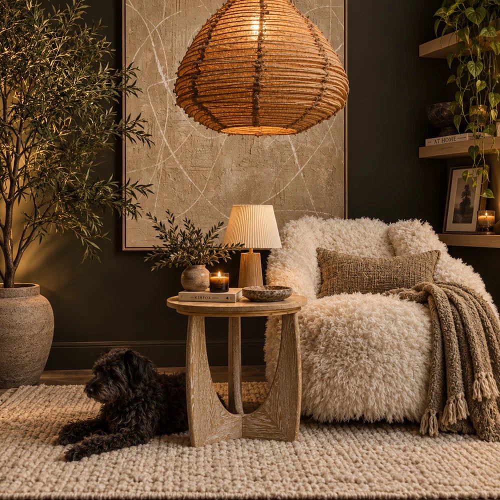 Brenta Fabric Pendant Light with softly gathered neutral fabric shade, suspended above an armchair in a warm contemporary interior with layered natural textures.