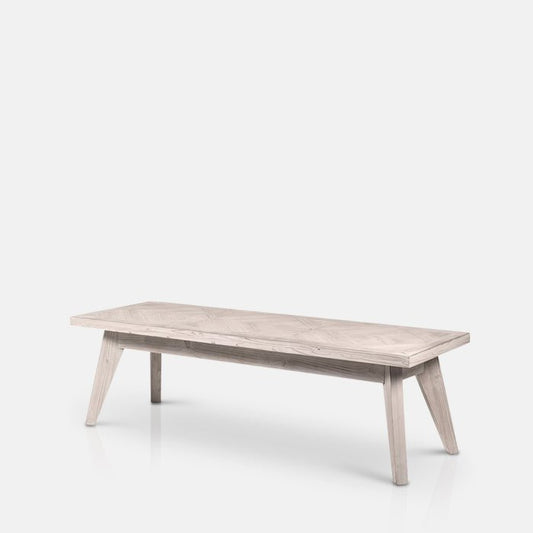 Long light wooden bench with a parquet top and four legs