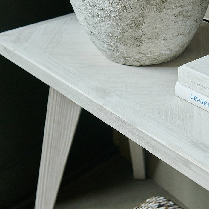 Bronson parquet console table herringbone wood fir pattern modern entryway furniture natural closeup