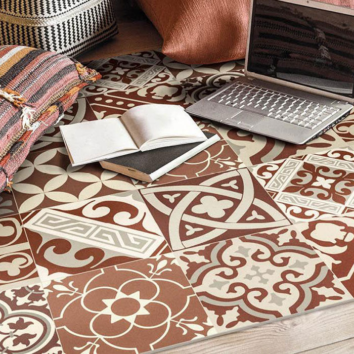 Large vinyl floor rug in an orange tiled pattern