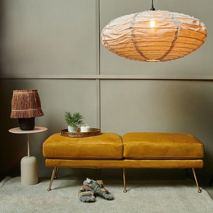 Carolina bench mustard velvet upholstered gold legs luxury two seater furniture Abigail Ahern styled