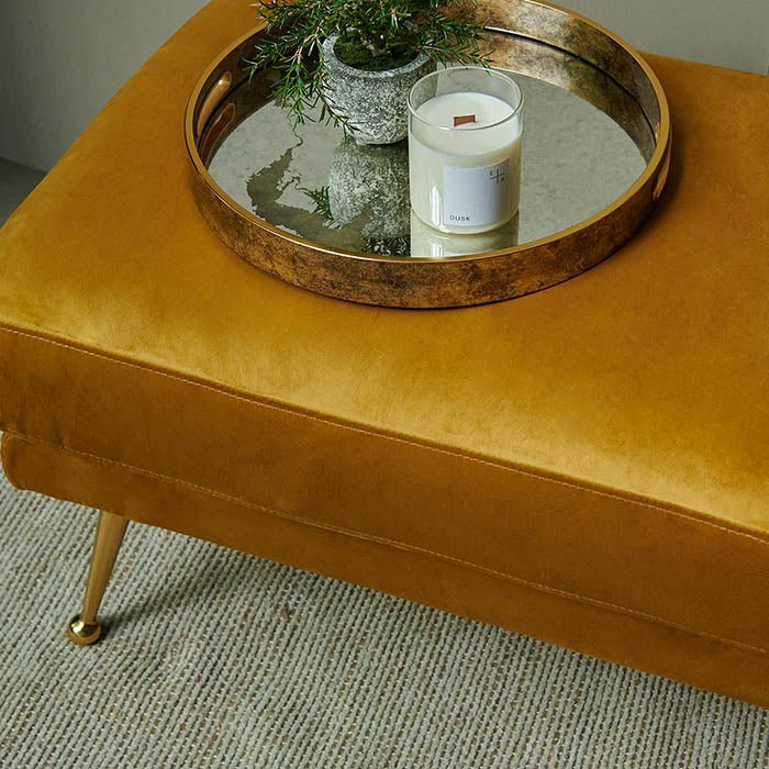 Carolina bench mustard velvet upholstery closeup luxury two seater furniture detail glamorous