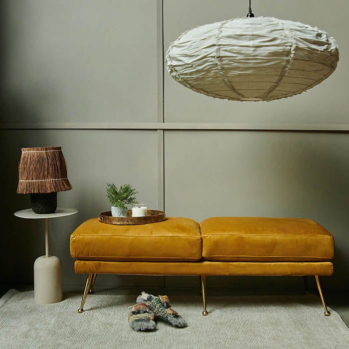 Carolina bench mustard velvet upholstered gold legs luxury two seater statement furniture glamorous